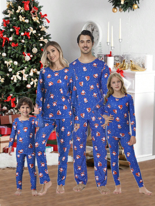 2pcs/set Men's Christmas Family Matching Pajamas Santa & Snowflake Print Long Sleeve Top And Long Pants Holiday Homewear