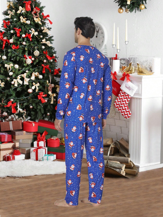 2pcs/set Men's Christmas Family Matching Pajamas Santa & Snowflake Print Long Sleeve Top And Long Pants Holiday Homewear