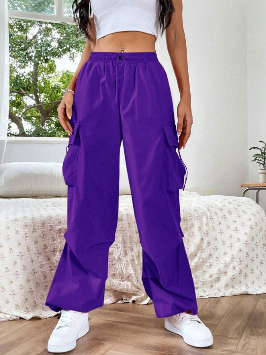 EZwear Flap Pocket Side Drawstring Waist Pants