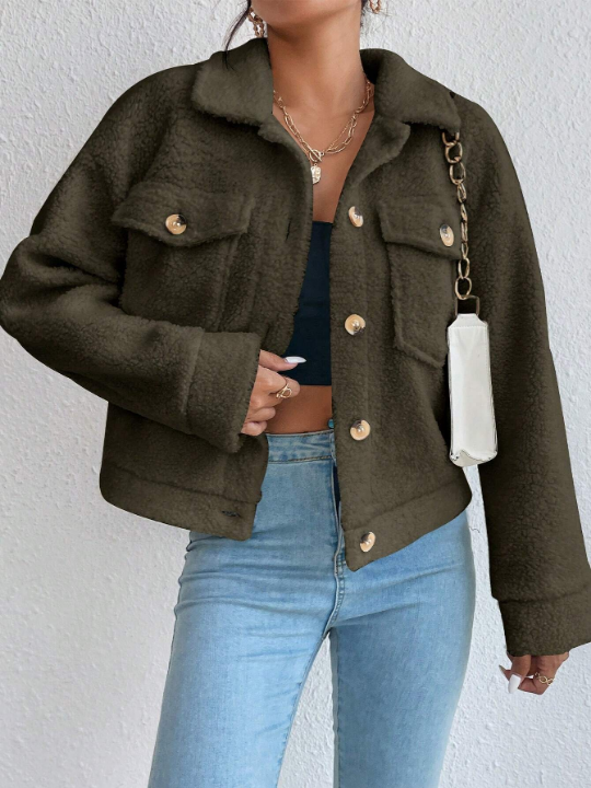 Flap Pocket Drop Shoulder Teddy Jacket