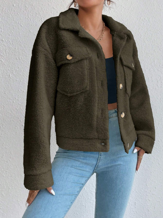 Flap Pocket Drop Shoulder Teddy Jacket