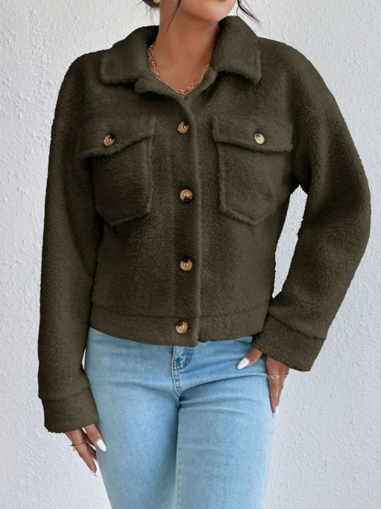 Flap Pocket Drop Shoulder Teddy Jacket