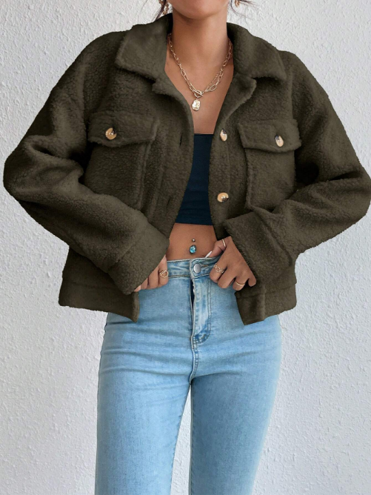 Flap Pocket Drop Shoulder Teddy Jacket