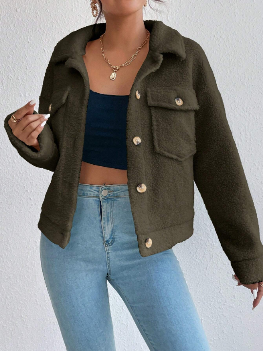 Flap Pocket Drop Shoulder Teddy Jacket