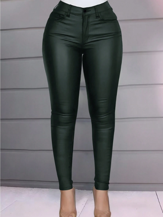 Apperloth A High Waist Stretchy Thermal Lined  Slant Pocket PU Leather Skinny  Winter Cropped  Pants