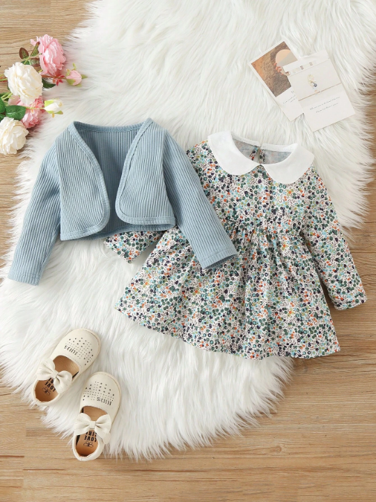 Baby Girl Ditsy Floral Contrast Collar Smock Dress & Jacket