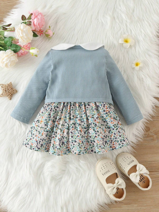 Baby Girl Ditsy Floral Contrast Collar Smock Dress & Jacket