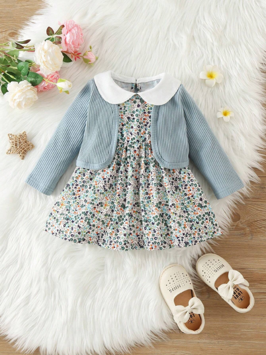 Baby Girl Ditsy Floral Contrast Collar Smock Dress & Jacket