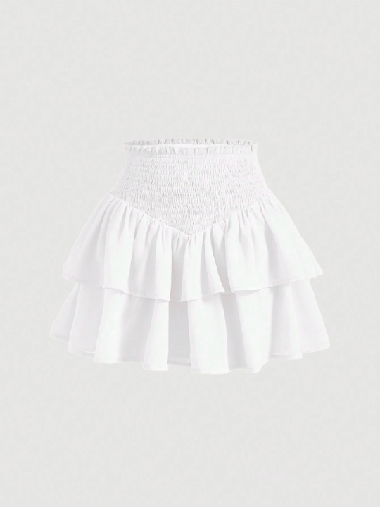 MOD White Bilayer Summer Paperbag Shirred Waist Ruffle Hem Skirt