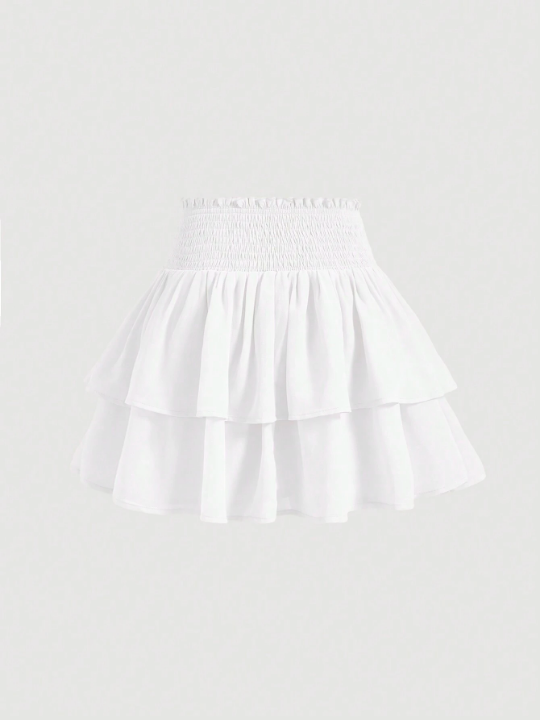 MOD White Bilayer Summer Paperbag Shirred Waist Ruffle Hem Skirt