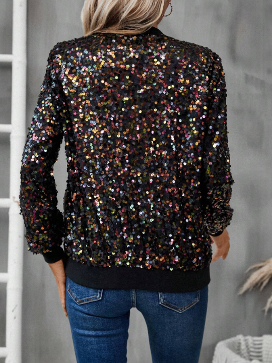 LUNE Sequin Decor Zip Up Bomber Jacket