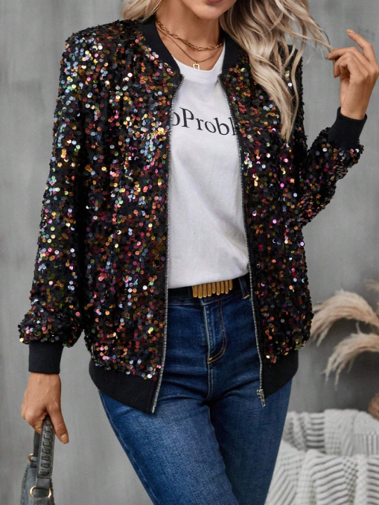 LUNE Sequin Decor Zip Up Bomber Jacket