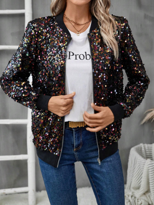 LUNE Sequin Decor Zip Up Bomber Jacket