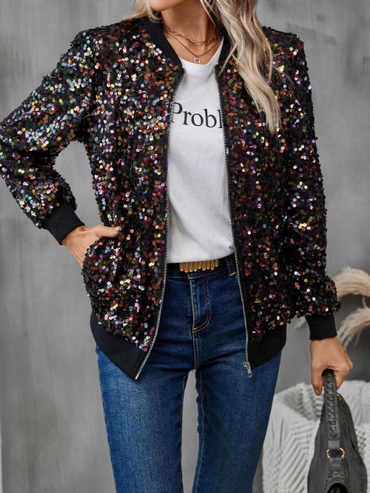 LUNE Sequin Decor Zip Up Bomber Jacket