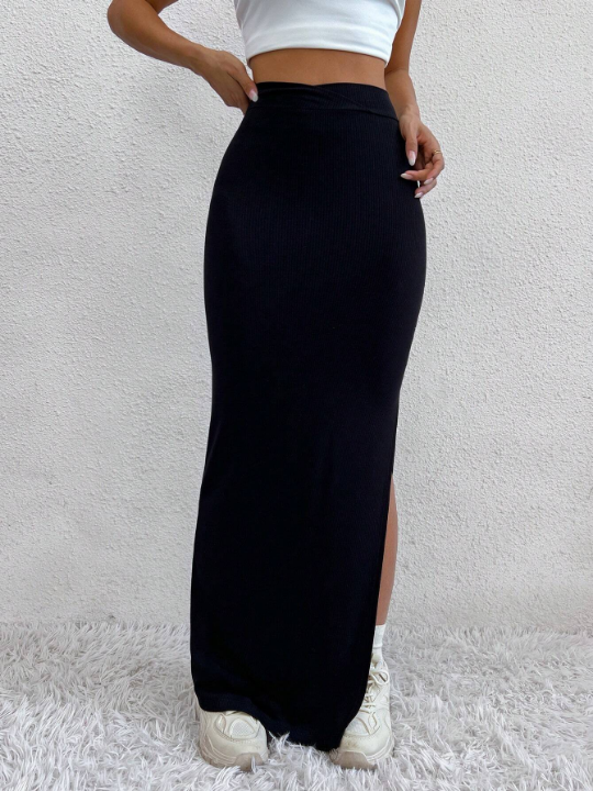 Solid Overlap Waist Split Thigh Skirt