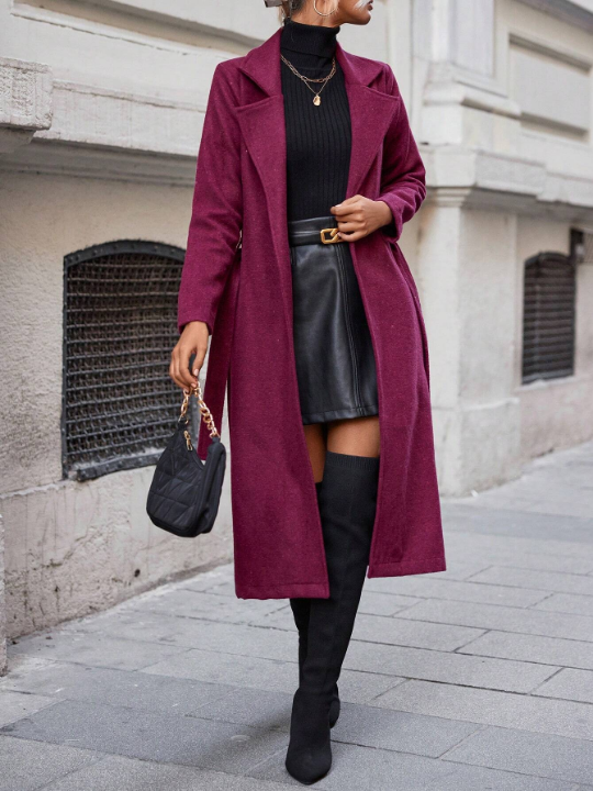 Lapel Neck Open Front Belted Coat