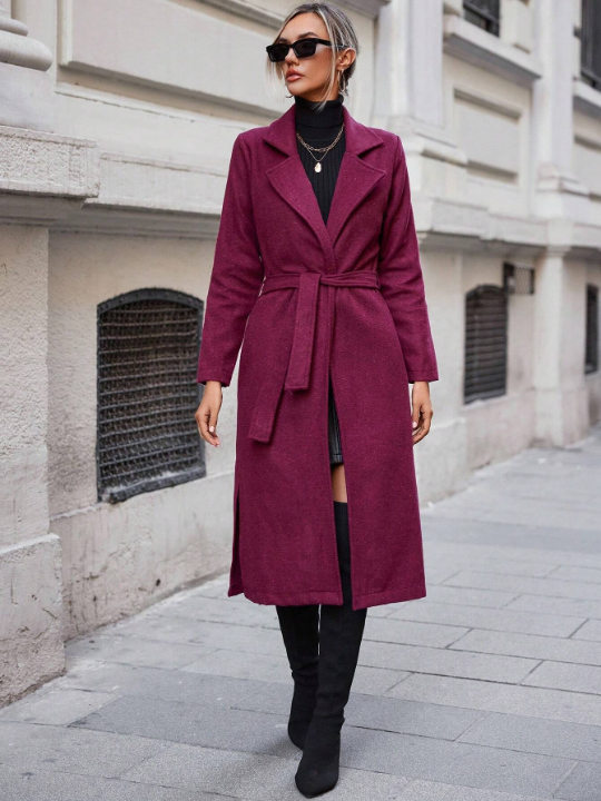 Lapel Neck Open Front Belted Coat