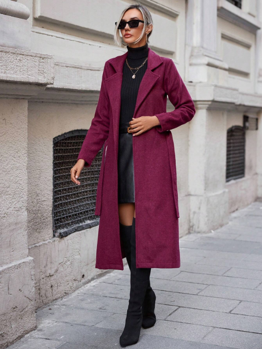 Lapel Neck Open Front Belted Coat