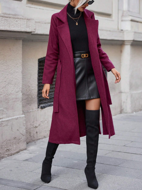 Lapel Neck Open Front Belted Coat