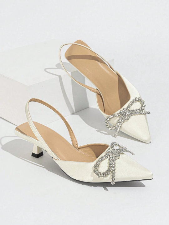 Women's Elegant Pointed Toe Kitten Heel Pumps With Butterfly & Rhinestone Decor, Spring/autumn Party/prom/wedding White Satin High Heels