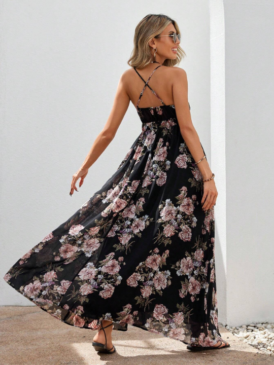 VCAY Floral Pattern Backless Slip Dress