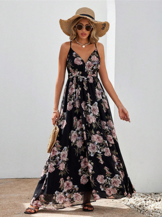 VCAY Floral Pattern Backless Slip Dress