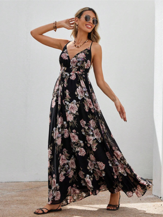 VCAY Floral Pattern Backless Slip Dress