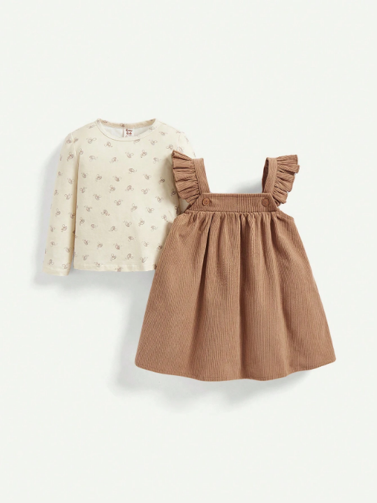 Cozy Cub Baby Girl Bee Print Tee & Ruffle Trim Pinafore Dress