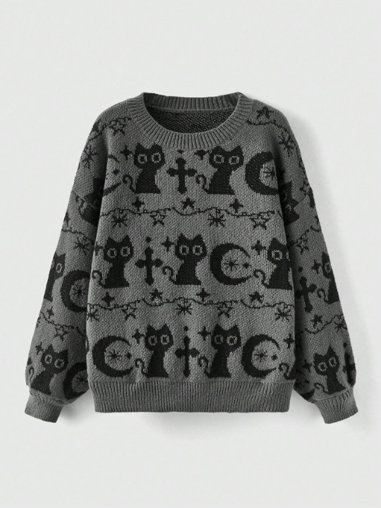 ROMWE Goth Cartoon Pattern Drop Shoulder Pullover Sweater