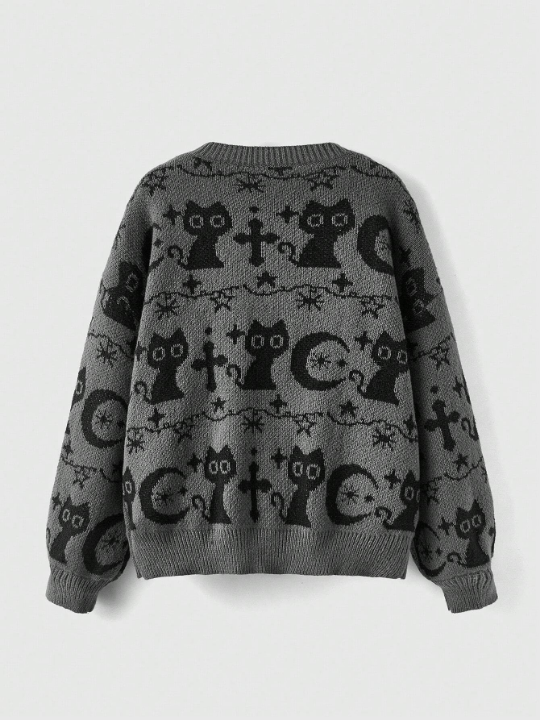 ROMWE Goth Cartoon Pattern Drop Shoulder Pullover Sweater