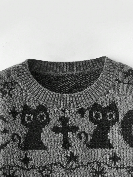 ROMWE Goth Cartoon Pattern Drop Shoulder Pullover Sweater