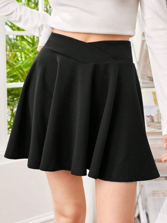 Teen Girls' Knitted Solid Color V-Waist Casual Skirt