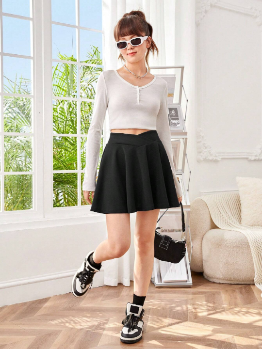 Teen Girls' Knitted Solid Color V-Waist Casual Skirt