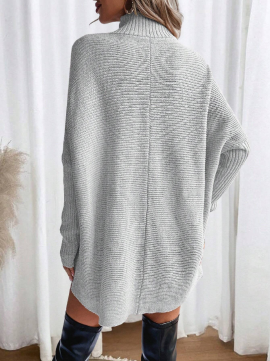 Essnce Women's Solid Color High Neck Batwing Sleeve Asymmetrical Hem Sweater