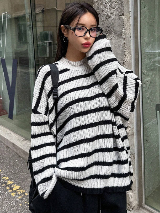 DAZY Striped Pattern Drop Shoulder Sweater