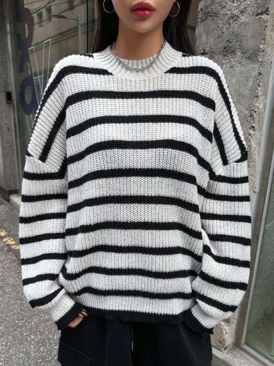 DAZY Striped Pattern Drop Shoulder Sweater