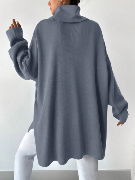 Women's Turtleneck Solid Color Drop Shoulder Split Hem Sweater