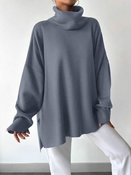 Women's Turtleneck Solid Color Drop Shoulder Split Hem Sweater