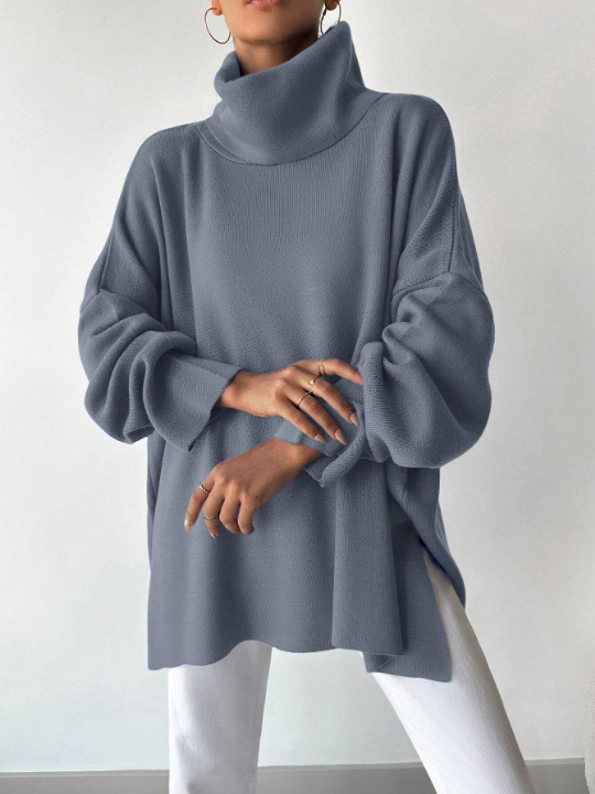 Women's Turtleneck Solid Color Drop Shoulder Split Hem Sweater