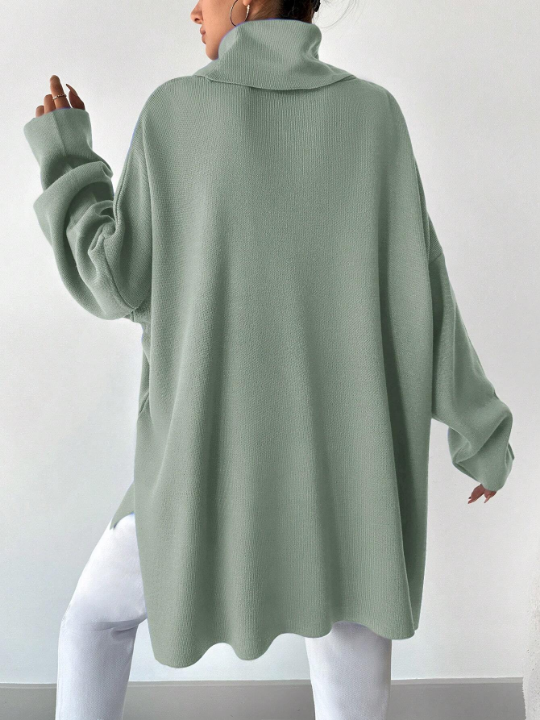 Women's High Neck Solid Color Drop Shoulder Split Hem Sweater