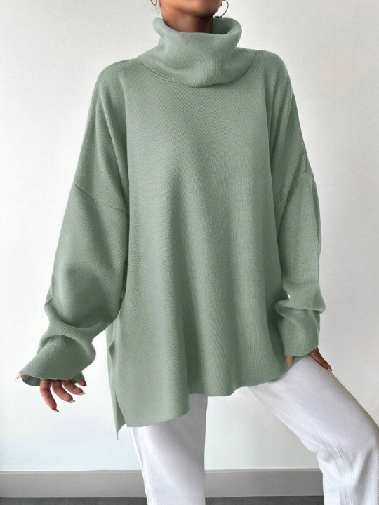 Women's High Neck Solid Color Drop Shoulder Split Hem Sweater