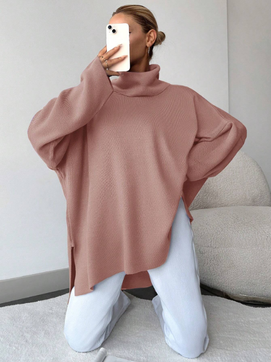 Women's High Neck Solid Color Dropped Shoulder Split Hem Sweater