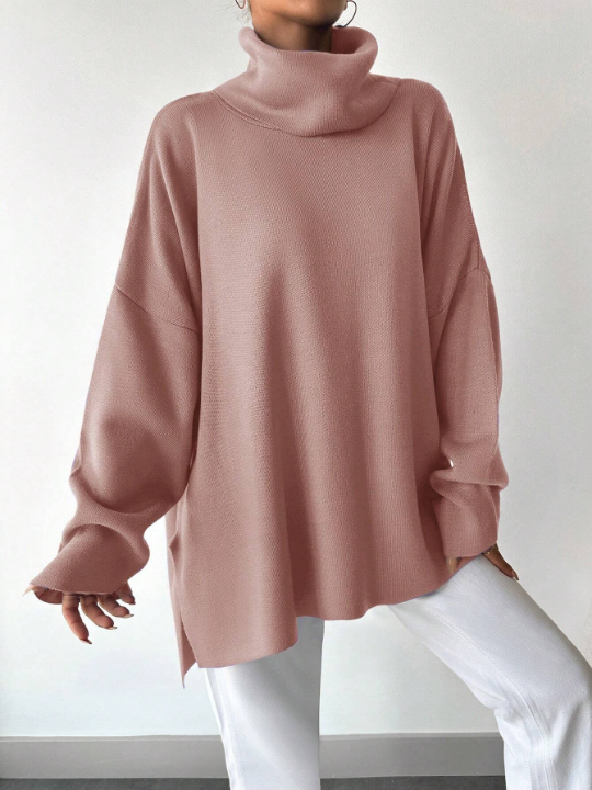 Women's High Neck Solid Color Dropped Shoulder Split Hem Sweater