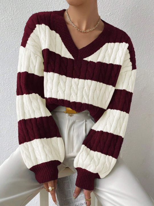 Essnce Two Tone Cable Knit Drop Shoulder Sweater