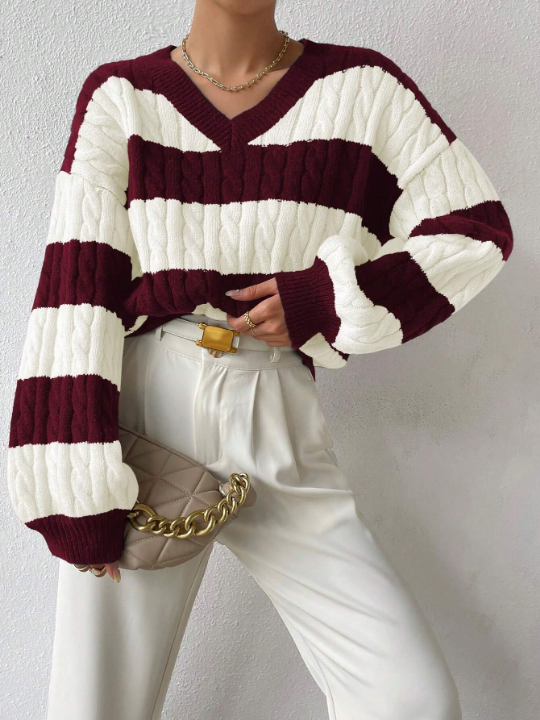 Essnce Two Tone Cable Knit Drop Shoulder Sweater