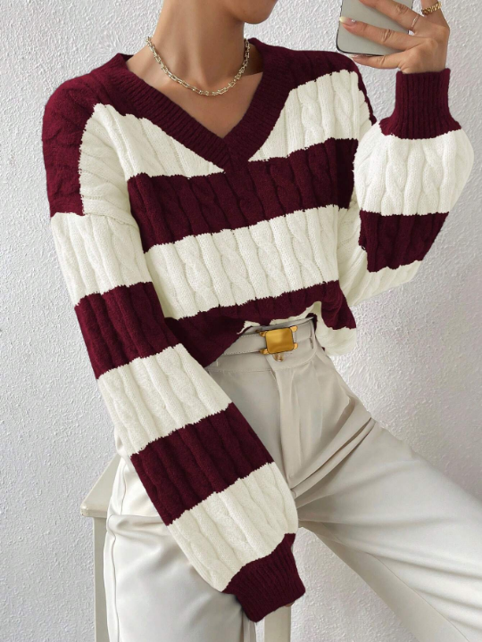 Essnce Two Tone Cable Knit Drop Shoulder Sweater