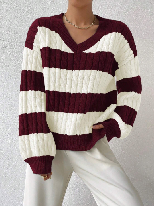 Essnce Two Tone Cable Knit Drop Shoulder Sweater