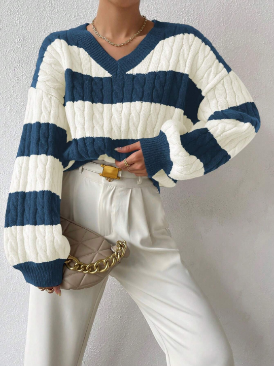 Essnce Two Tone Cable Knit Drop Shoulder Sweater