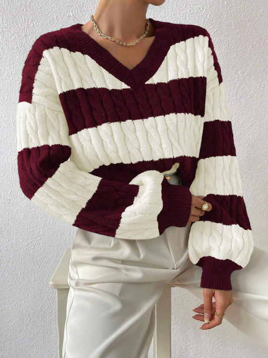 Essnce Two Tone Cable Knit Drop Shoulder Sweater