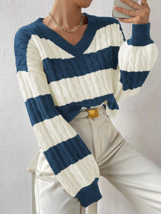 Essnce Two Tone Cable Knit Drop Shoulder Sweater